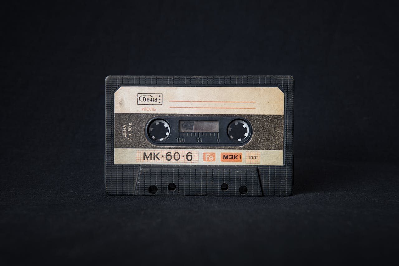 Close-up of a classic 1991 cassette tape symbolizing music nostalgia and retro style.