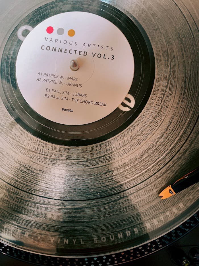 Stylish shot of a spinning vinyl record with visible labels, perfect for music-themed projects.